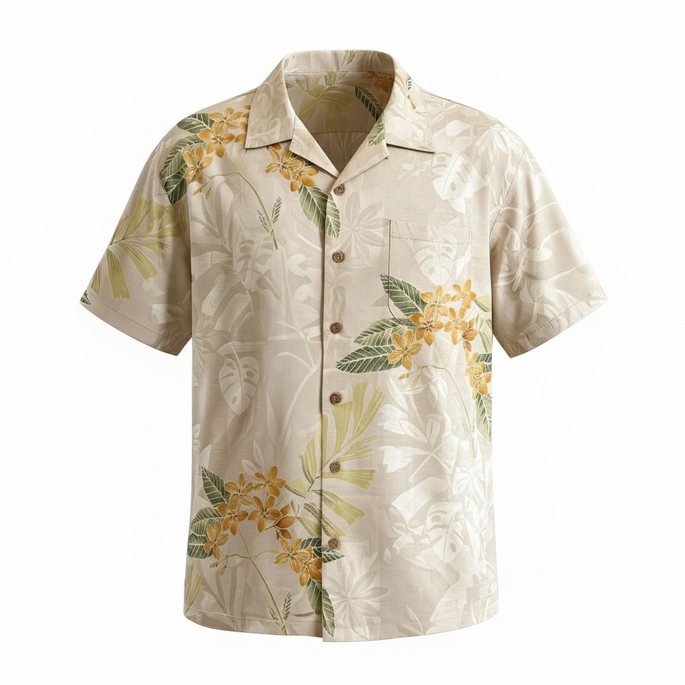 Tommy Bahama XL Silk Floral Jacquard Camp Shirt Beige Yellow Hawaiian Aloha